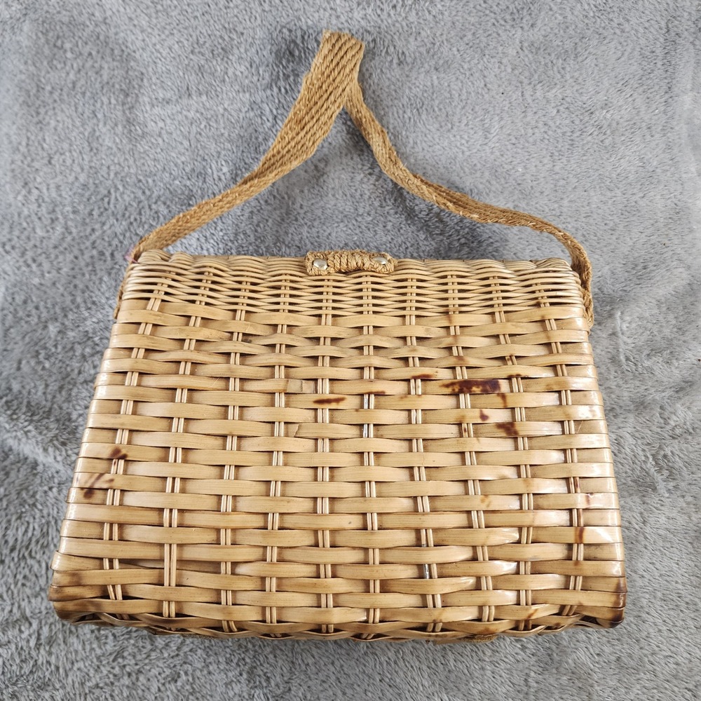 Vintage Bonnie International Wicker Box Handbag Tan Woven Purse Gold Hardware - Picture 5 of 10